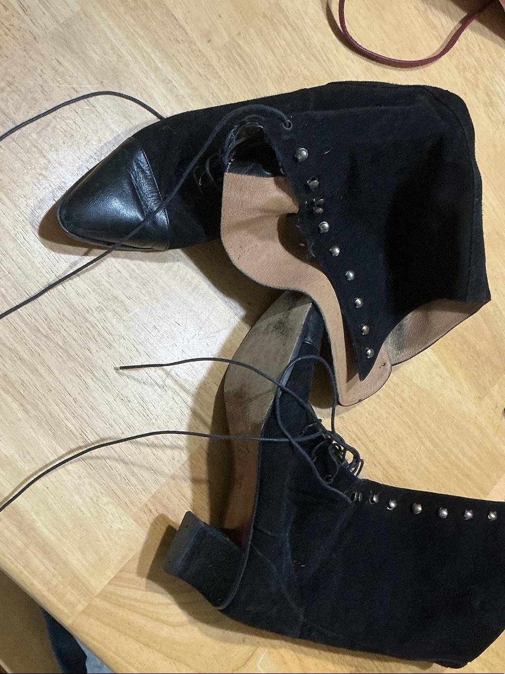 Black Suede Lace-Up Ankle Booties with Pointed Leather Toe